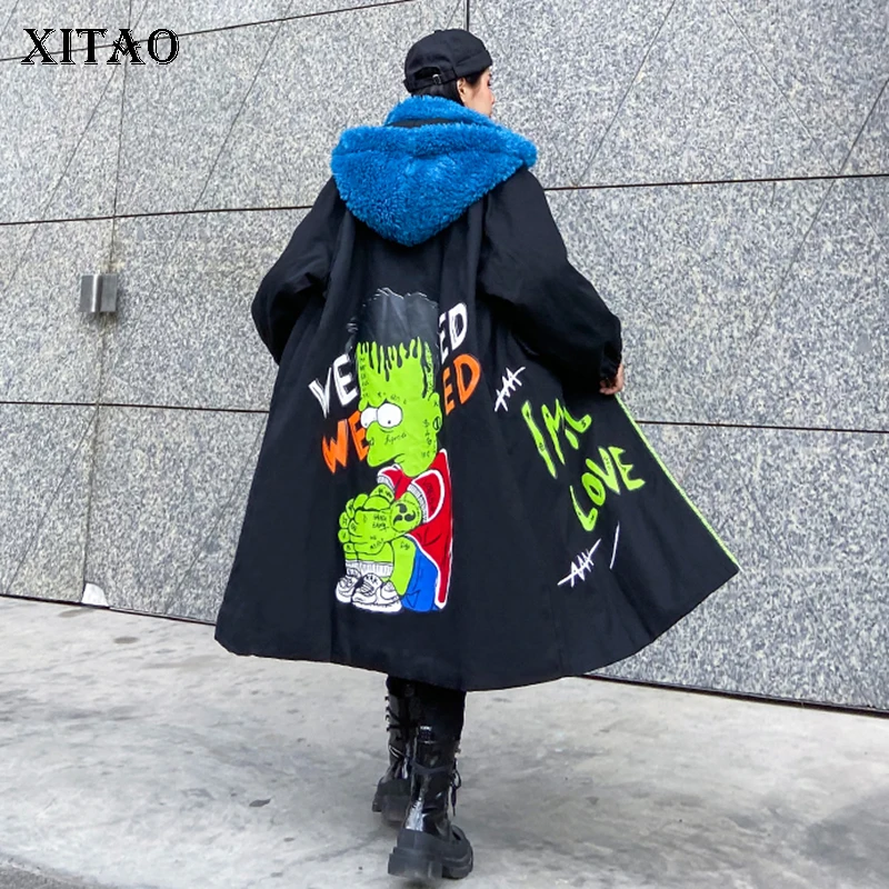 XITAO Женский Тренч с буквенным принтом модная новинка 2019 зимнее пальто капюшоном и