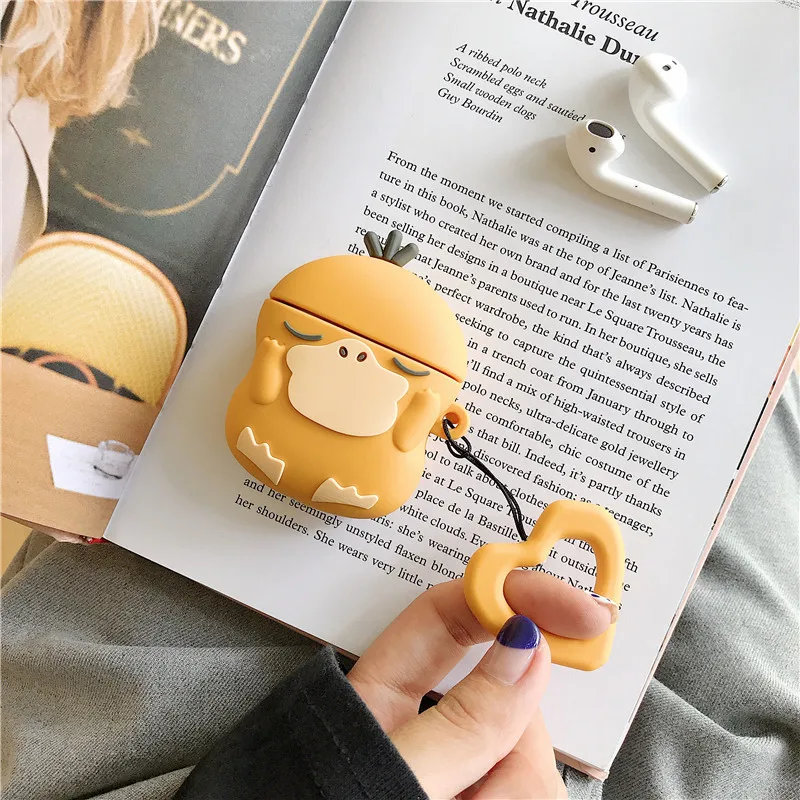 Pocket Monster Pokemon Psyduck Protective Cover Bluetooth Earphone Silicone Case Airpods Accessories with Ring Strap