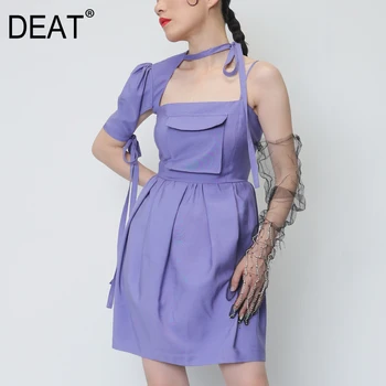 

[DEAT] 2020 Women's Autumn Fashion Trend New Pattern Irregular Strap Bow One Shoulder Pocket Strap Halter Collar Dress AI510