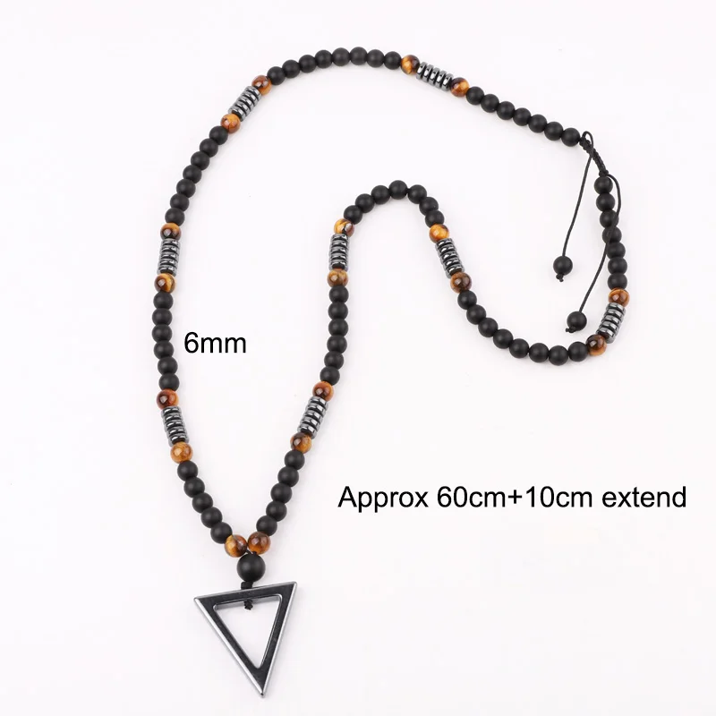 High Quality 24 Inches New Design Natural Stone Matte Onyx Tiger Eye Beads Hematite Triangle Charm Pendant Necklace For Men - Image 2