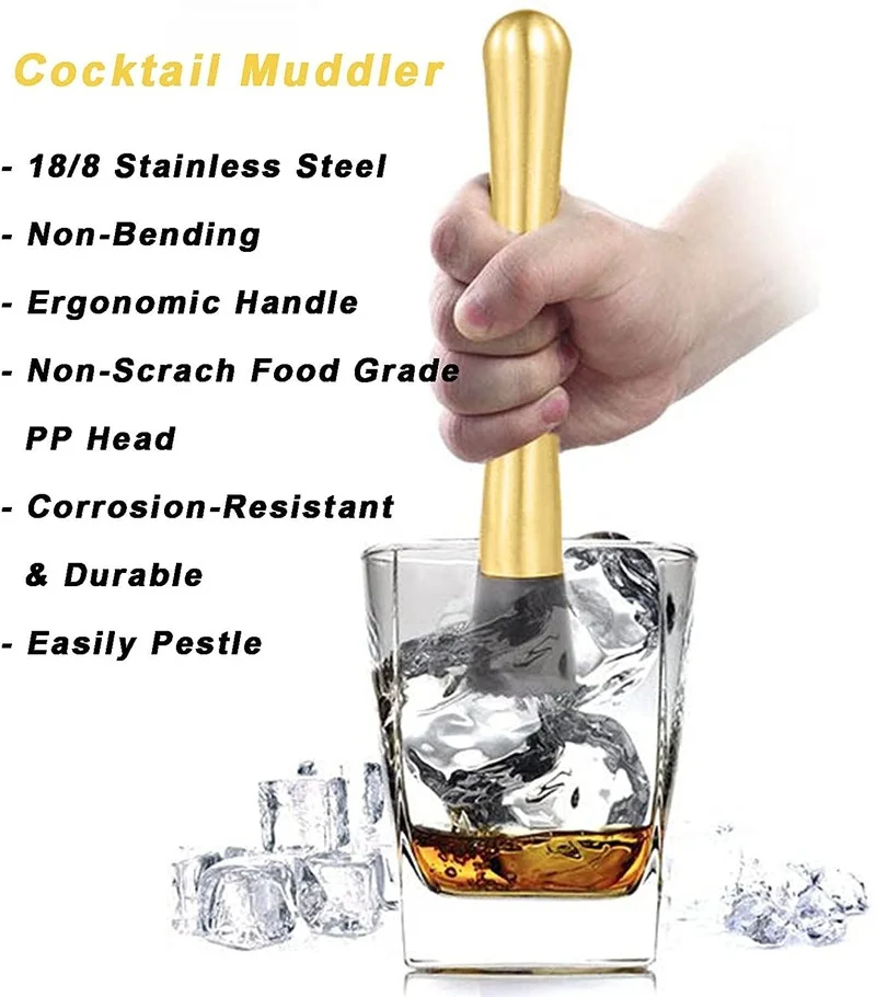 8" Long Stainless Steel Cocktail Muddlers and Mixing Spoon Professional Home Bar Muddler Set
