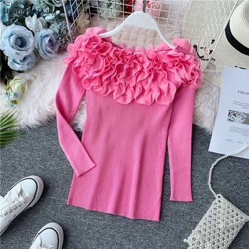 

WHITNEY WANG 2020 Spring Fashion Streetwear Florals Ruffles Slash neck Knitted Sweater Women Jumper Pullover