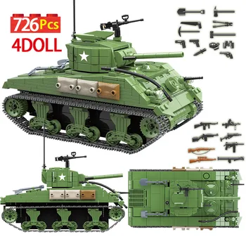 

726PCS Technic City Police 100081 Sherman M4A1 Tank Building Blocks WW2 Tank Military Soldier Weapon Bricks Kids Toys