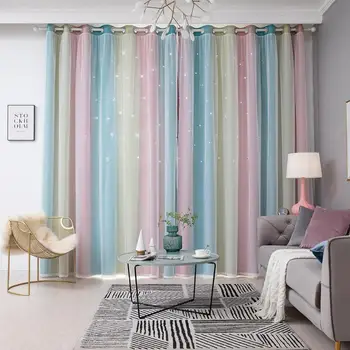 

Window Drapes Gradient Hollowed Star Hot Selling Soft Surface Delicate Breathable Living Room Bedroom Full Blackout Curtain