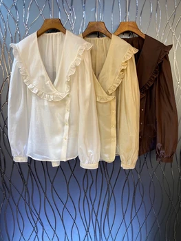 

2020 Early Autumn New Women's V-neck Outdoor Ruffles Stitching Decorations Button Solid Color Long-Sleeved Shirt 814