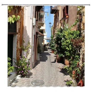 

Flowers Plants Shower Curtains Houses Building Green Plant 3D Printing Bathroom Decor Waterproof Cloth Curtain Set