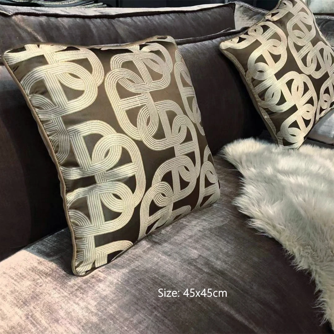 

Classic Fashion Geometric Woven Brown Chain Velvet Pipping Home Decor Lumbar Pillows Soft Warm Waist Designer Cushion Cover