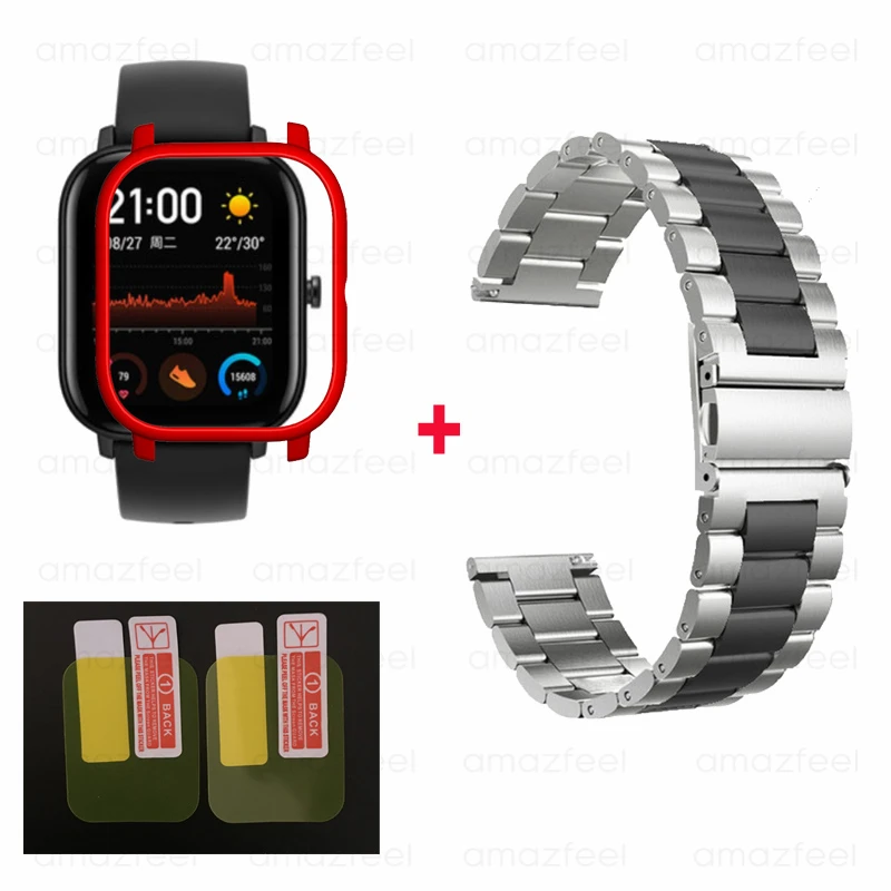 4в1/упаковка для Amazfit GTS ремешок с защитный чехол для экрана металлический браслет из нержавеющей стали для Huami Amazfit gts Smart Watch Band - Цвет: silver black-red