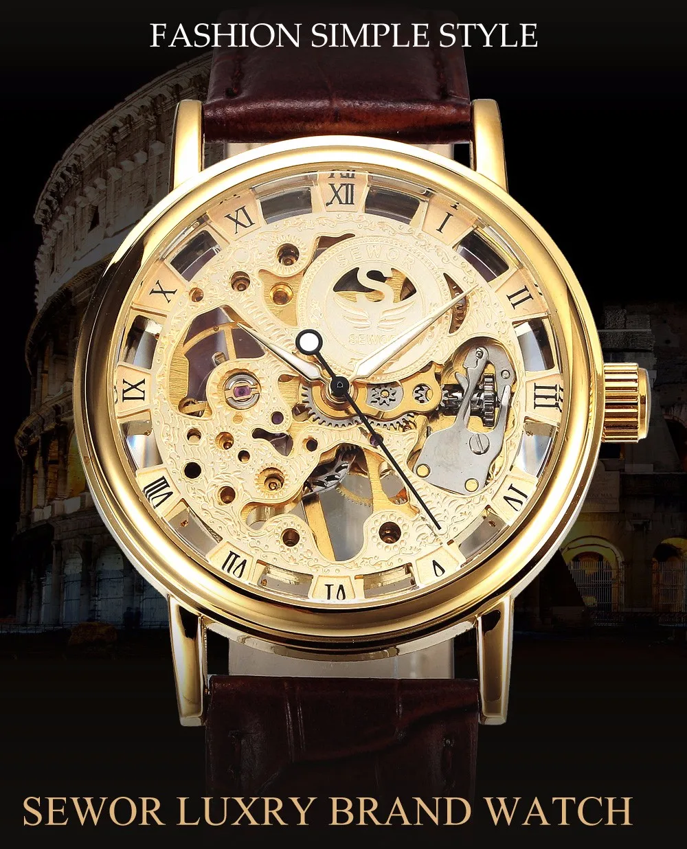 New Luxury Brand Gold Transparent Skeleton Watch Men Mechanical Hand Wind Wristwatch Male Fashion Leather Band Wristwatch