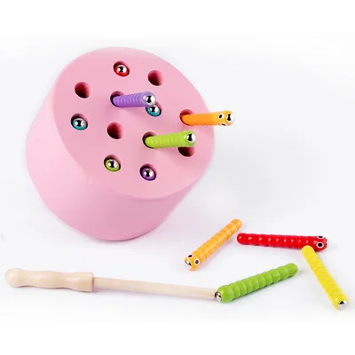 Hot Sale Baby Wooden Toys 3D Puzzle Early Childhood Educational Toys Catch Worm Game Color Cognitive Magnetic Strawberry Apple 12