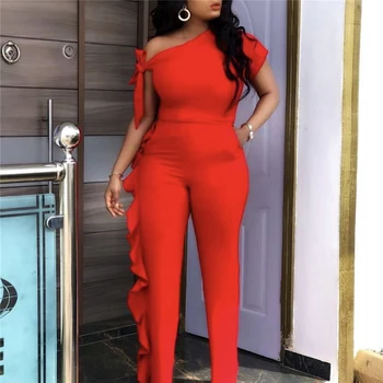 

One ShouldeSexy Jumpsuit Irregular Sleeve Elastic Ruffle Women Spring Summer Orange Overall Slim Bodysuit Female 2020 Plus Size