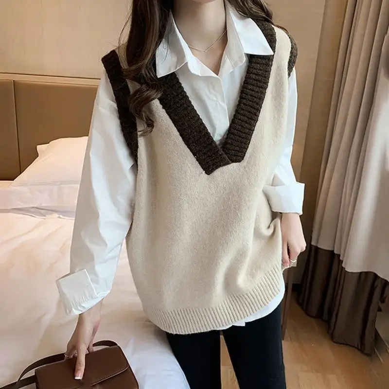 Женские Лоскутные вязаные жилеты в Корейском стиле, универсальные пуловеры для студентов в стиле ретро, повседневный женский свитер для отдыха, жилет большого размера