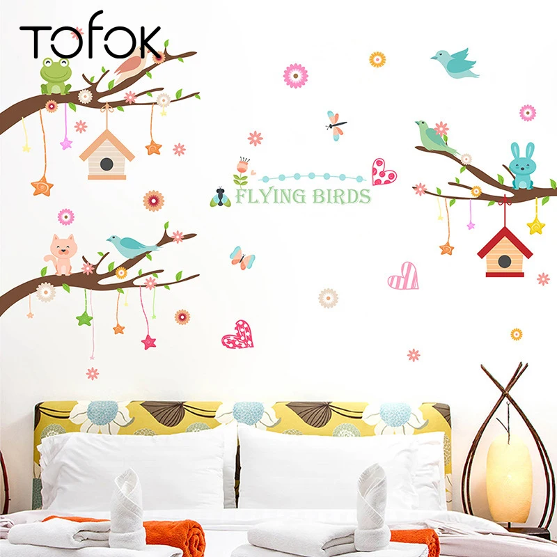 Tofok Мультяшные деревья Птицы DIY Наклейка на стену для дома милая детская комната