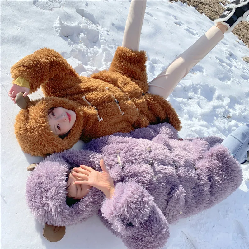 TXJRH, корейское пальто с капюшоном и ушками плюшевого мишки, пушистое пальто из искусственного меха с пуговицами и карманами, теплая длинная куртка, верхняя одежда, топы, 2 цвета