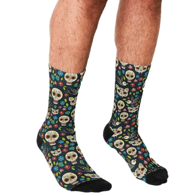 Fun and Fashionable: Funny Socks Men Harajuku Sugar Skulls Pattern Socks Printed Happy Hip Hop Men Socks Novelty Skateboard Crew Casual Crazy Socks