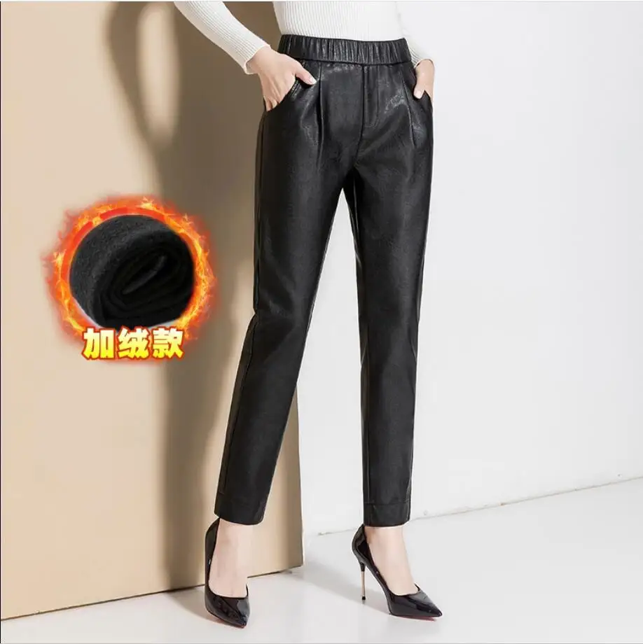 black plus velvet Женские Новые Осень Зима Большие размеры Натуральная Овчина натуральная кожа брюки женские из натуральной кожи брюки тонкие шаровары V08 - Цвет: black plus velvet