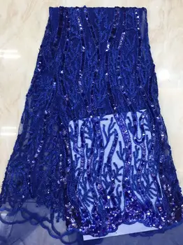 

Latest royal blue mesh cloth French net lace fabric with sequins for sewing dress PAN480(5yards/lot)