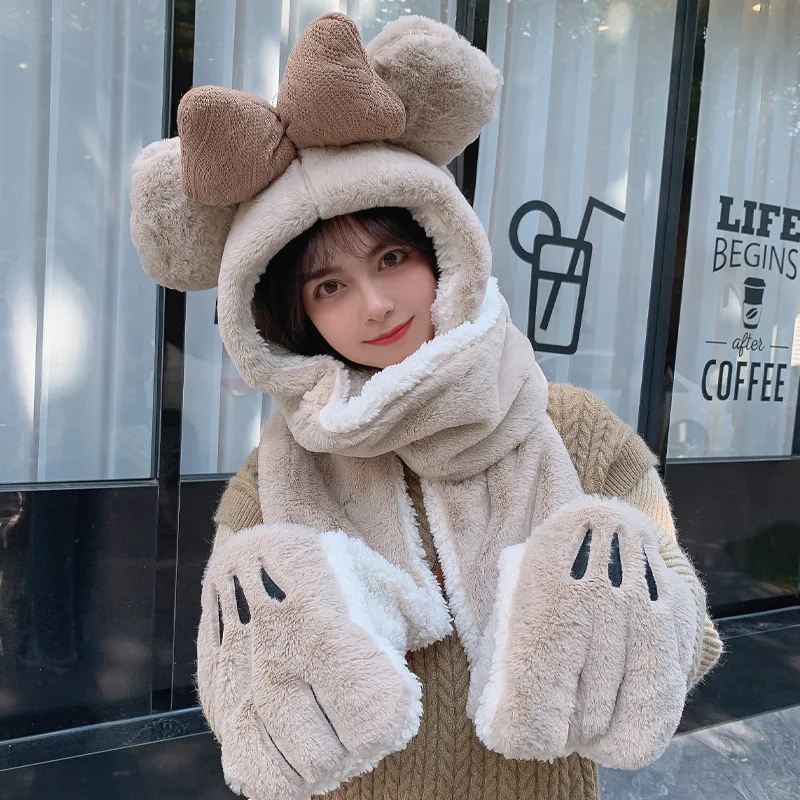 new-fashion-outdoor-plush-winter-warmth-thick-cute-ear-protection-hat-scarf-gloves-all-in-one-3-piece-multi-function-hat