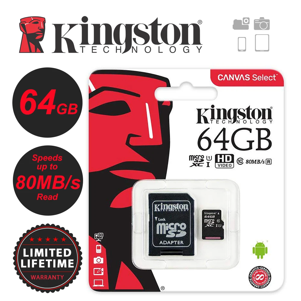Карта памяти Kingston 256 ГБ 128 64 32 16 8 4 Гб Micro SD SDHC/SDXC Class10 TF до 80 МБ/с R с