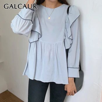 

GALCAUR Patchwork Ruffles Women's Shirts O Neck Lantern Long Sleeve High Waist Vintage Hit Color Blouse Female Fashion 2020 Tide