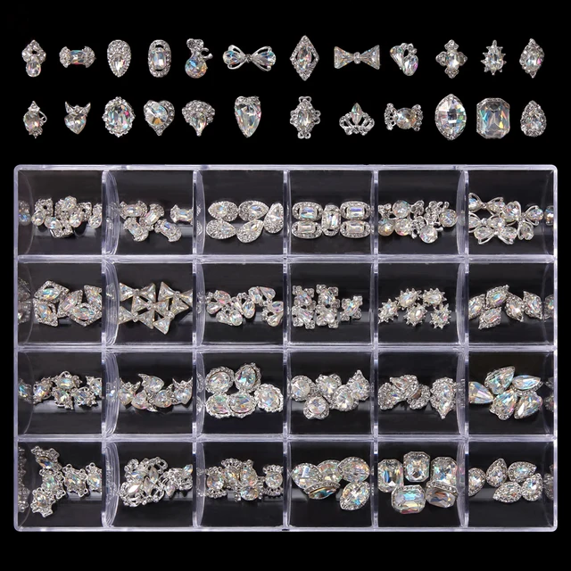 Oversized 120Pcs Nail Charms Gems Rhinestone with box Nail Art Charm Gem  Kit-3D Crystal AB Rhinestones, 24K Gold Nail Diamond 1 Box