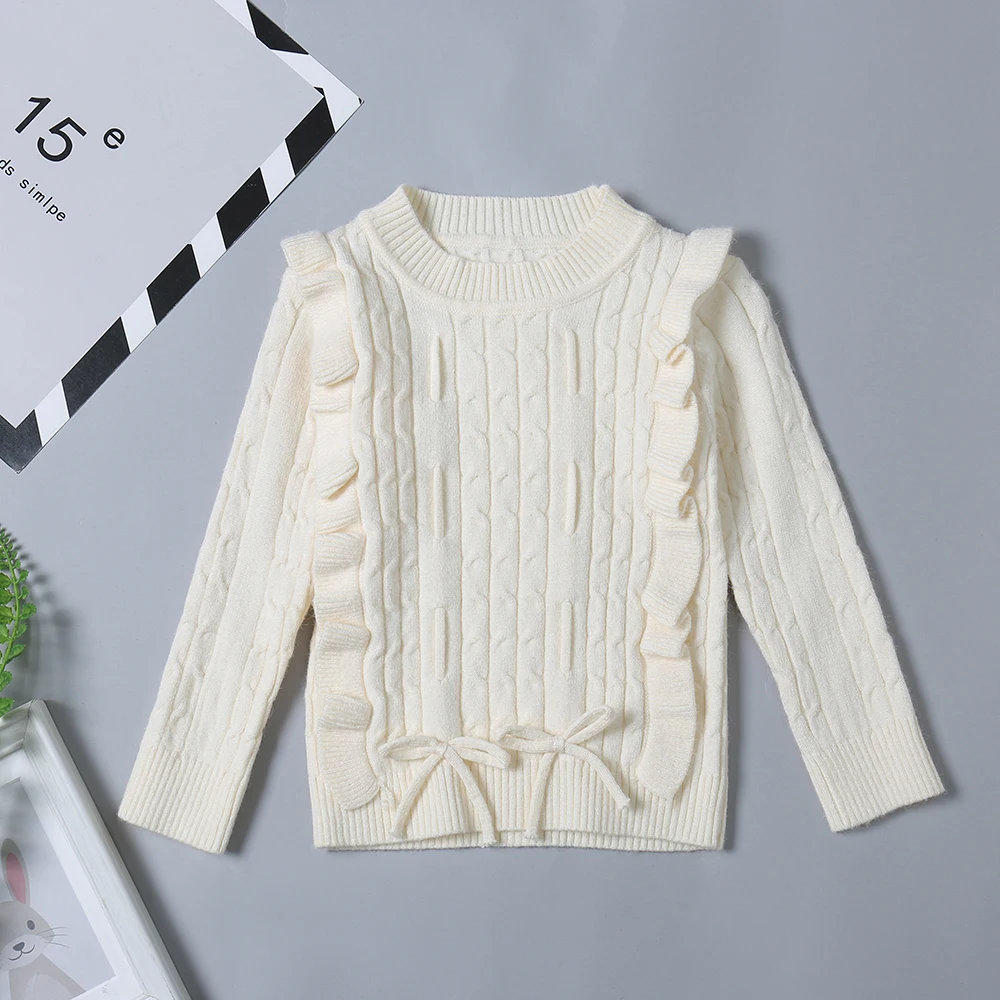 Baby Girl Ruffle White Knitted Sweater Warm Pullover Tops Outwear Autumn Winter Children Girl Clothes Sweaters