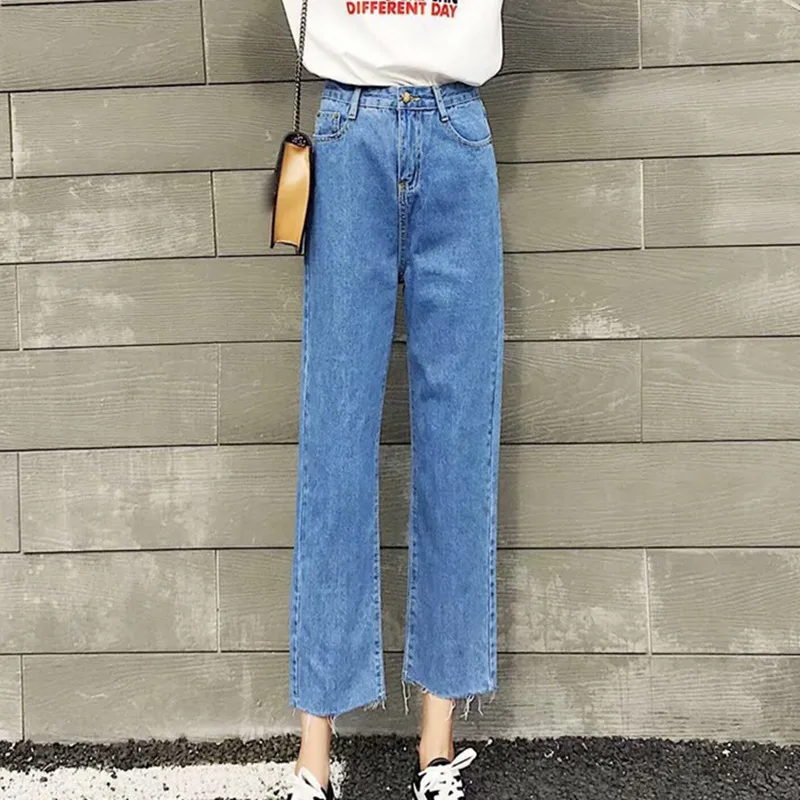 

2019 Autumn Women Jeans New Simple Solid Color High Waist Jeans Fashion Casual Loose Ankle-length Straight Jeans