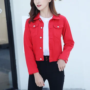 

Fashion Jeans Jacket Women Spring 2XL XL Spring Autumn Hand Brush Long Sleeve Stretch Short Denim Jacket White Pink Coats