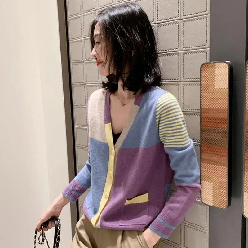Vangull Patchwork Women Knitted Sweater Cardigans Long Sleeve Stripe Tops Fall Single Breasted Female Office |