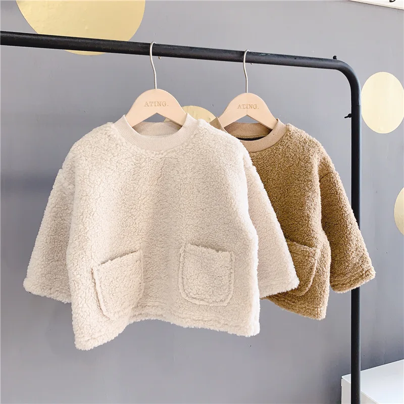 Детская одежда с длинными рукавами, шерсть ягненка, одежда с капюшоном для малышей, Осень-зима г., вельветовые утолщенные однотонные повседневные пальто