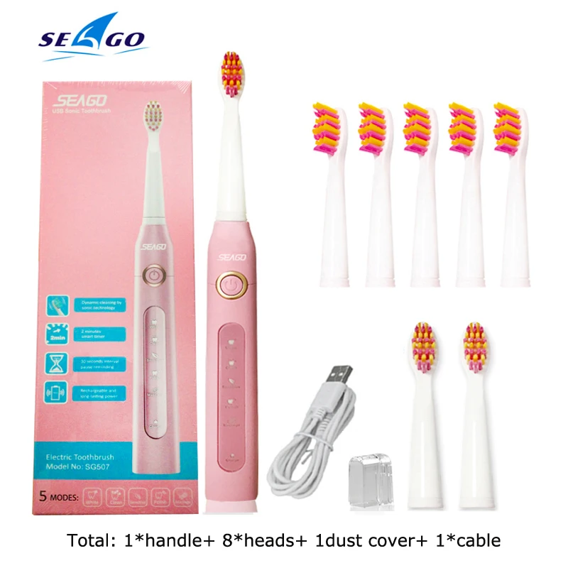 thumbnail image 1 of Cepillo de dientes eléctrico sónico Seago SG-507, recargable por USB, cinco modos de funcionamiento, cabezales de repuesto totalmente impermeables, cepillo de dientes, 1 of 5
