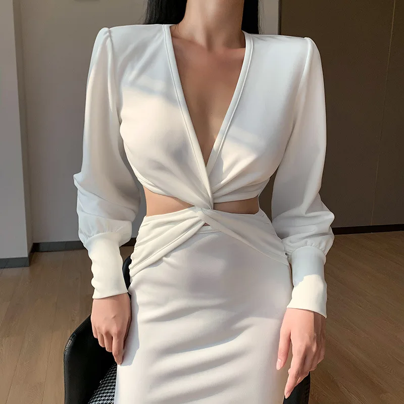 

Fashion Puff Sleeve Black Dress Sexy Dress Bodycon Long Sleeve Dresses for Women Party X-shaped V-neck Slim Y2k Dress White