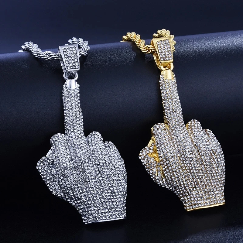 3pcs Iced Out Watch Necklace Bracelet Men Luxury Diamond Date Gold Watch Men Bling Hip Hop Middle Finger Pendant Chains Jewelry