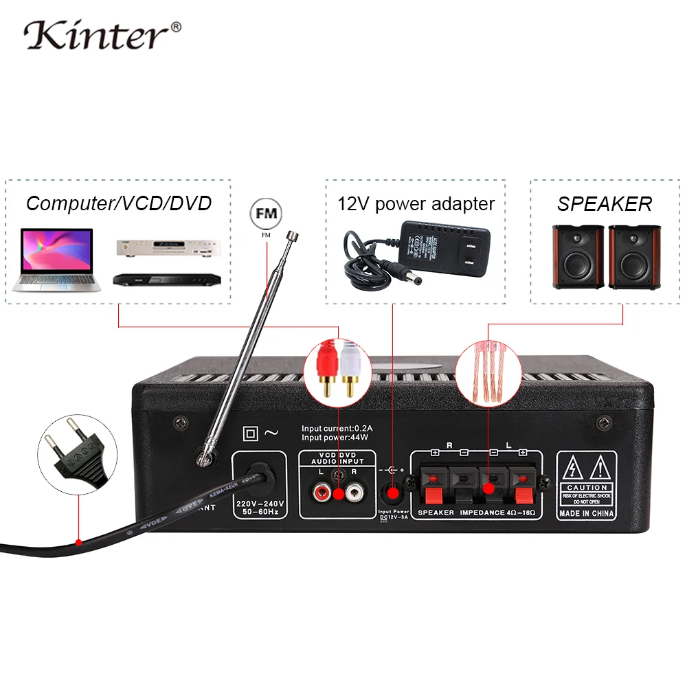 Kinter 009 караоке усилитель аудио hifi стерео звук 2CH DC12V AC220V с USB SD AUX Mic вход регулировка