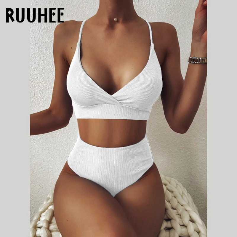 RUUHEE Women Swimsuit Ribbed High Waist Solid Black White Push Up Bikini Sets 2021 Swimwear Female with Padded Bathing Suit cheap bikini sets