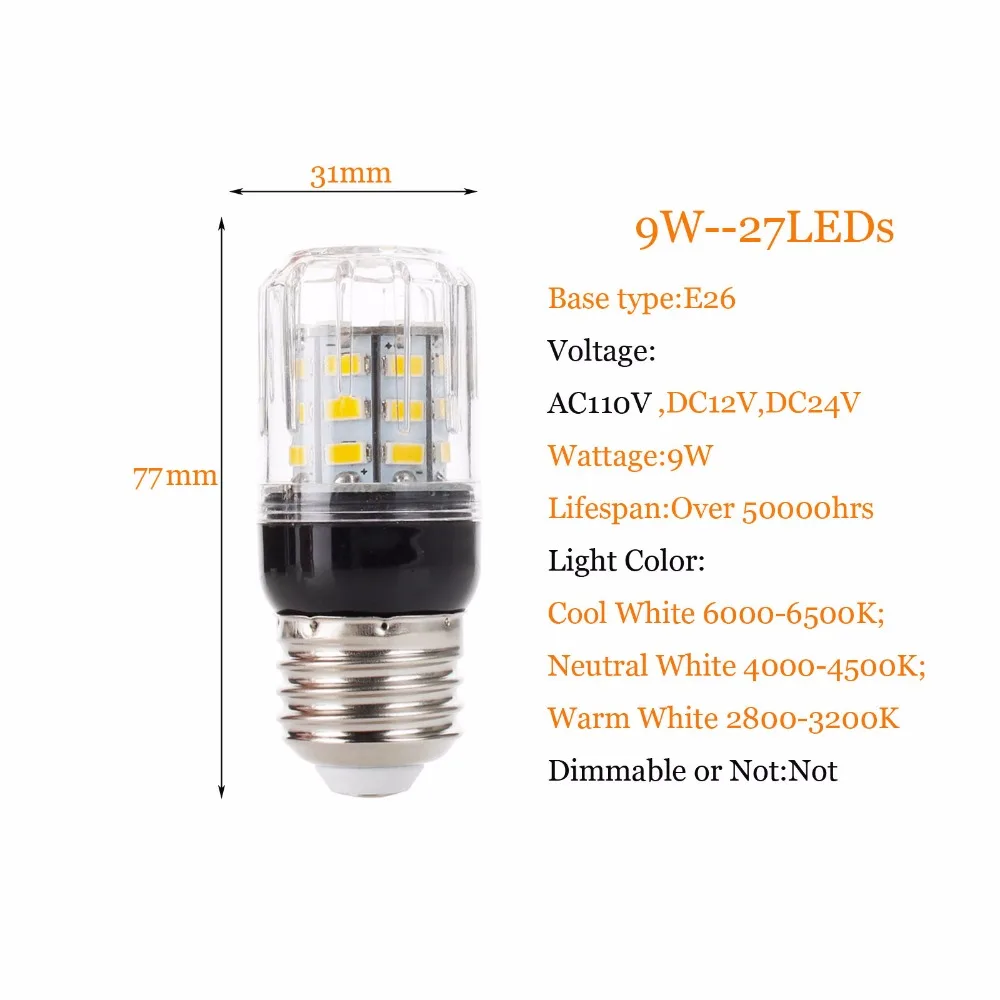 LED 옥수수 전구 가정용 조명, 따뜻한 차가운 중성 백색 전구, 9W, E27, E14, E12, E26, LED 조명, 5730SMD, 27LED, 110V, 220V, 12V, 24V