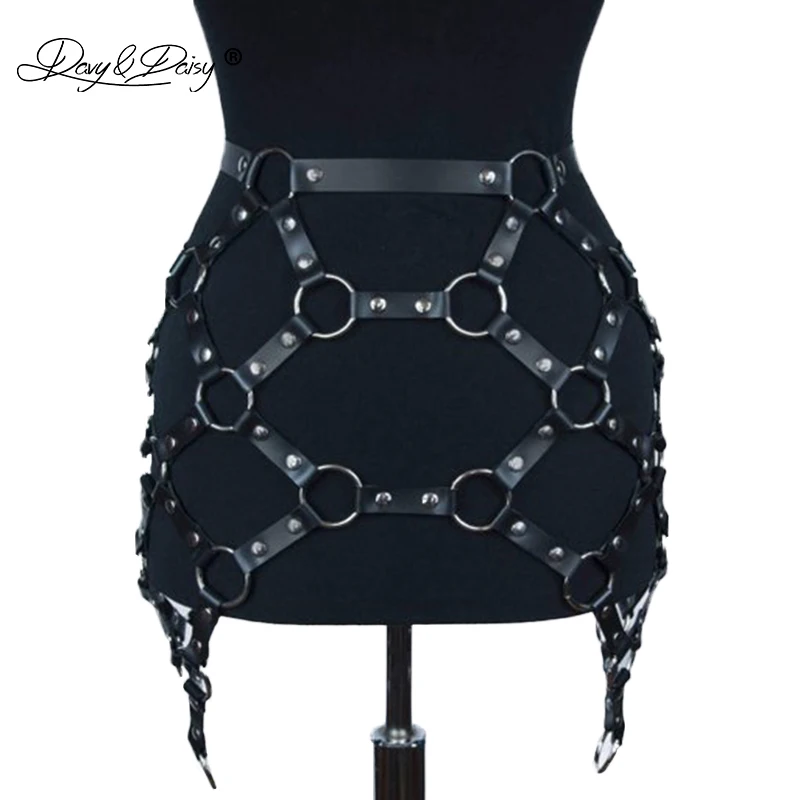 

DAVYDAISY PU Leather Punk Skirts Metal Ring Belt Bandage Rave Skirts Body Harness Sexy Lingerie Costumes Nightclub Wear PA509
