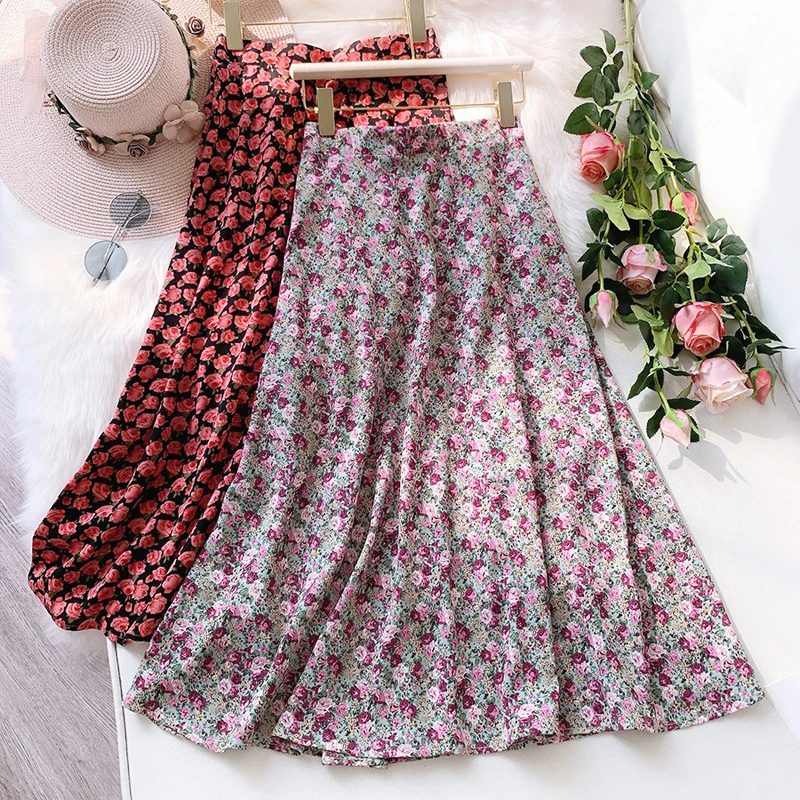 

Wasteheart Spring Black Blue Women Skirt High Waist A-Line Long Skirt Mid-Calf Ruffles Sexy Skirt Casual Pleated Skirts Chiffion