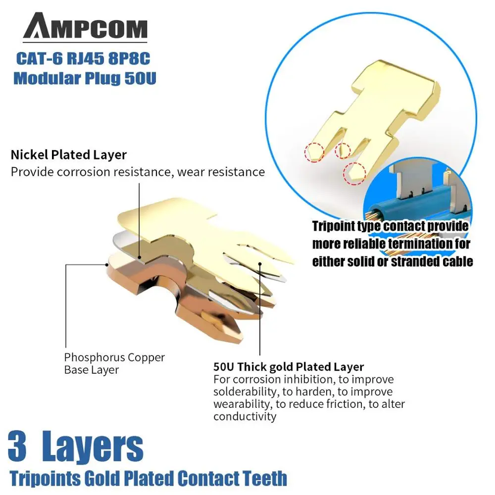 Ampcom-blindado Modular Plug Connector Conectores Rj45 Crimp End Cabo Ethernet 50sensibilidade Cat6 8p8c 8p8c - Imagem 5