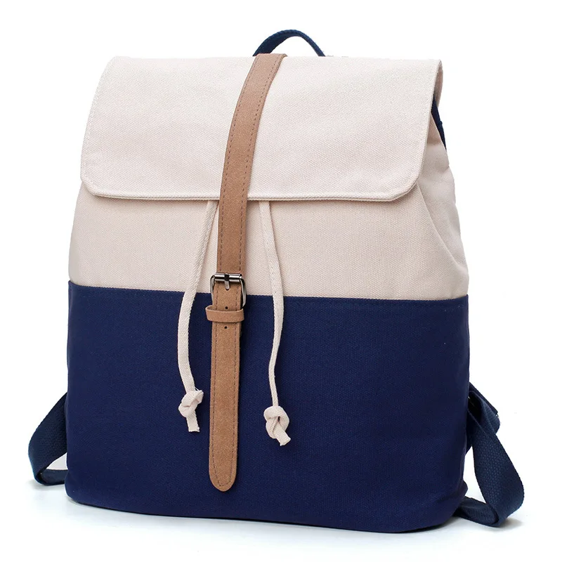 

Ougger Female School Backpack Multi Functional Travel Bag Big Blue Canvas Simple Literary Contrast Bag with String for Outdoor