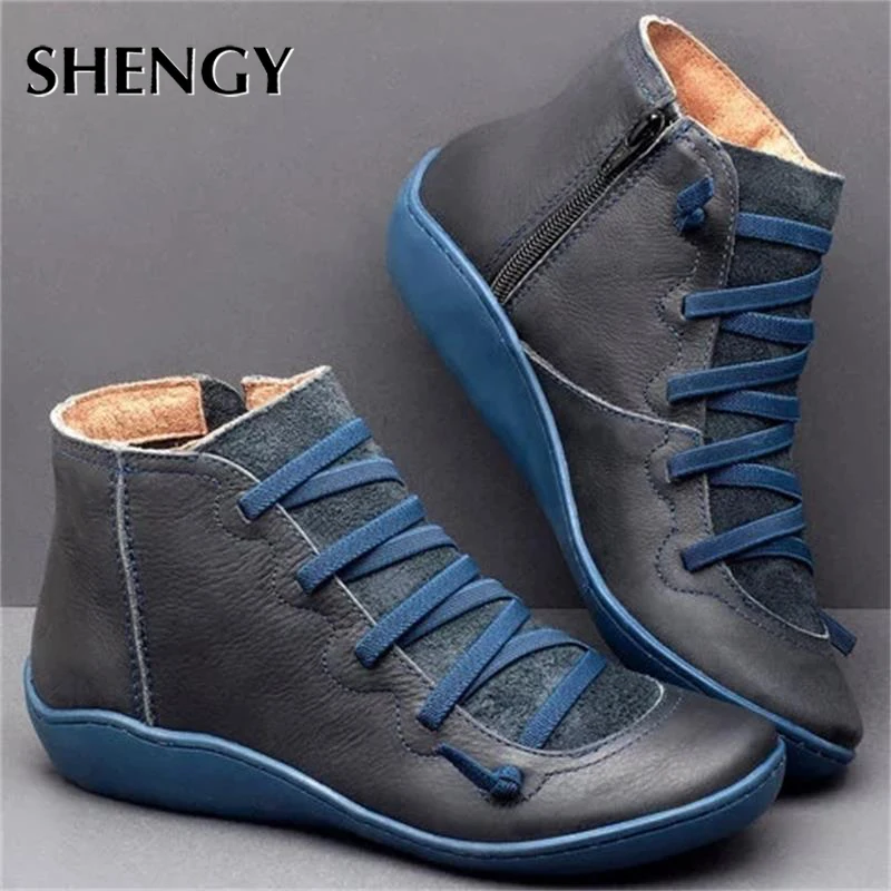 Comprare Nuovo In Pelle Alla Caviglia Stivali Autunno Vintage Lace Up Scarpe Da Donna Comodi Stivali Tacco Piatto Femminile Della Chiusura Lampo Breve Stivali Dropshipping