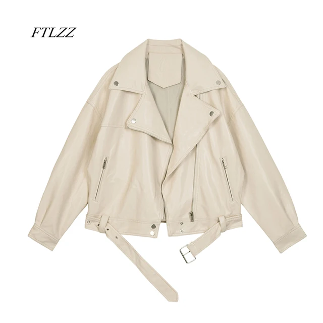 FTLZZ 2021 New Spring Women Pu Leather Motorcycle Jacket Female With Belt Solid Color Jackets Ladys Loose Casual Jacket 1
