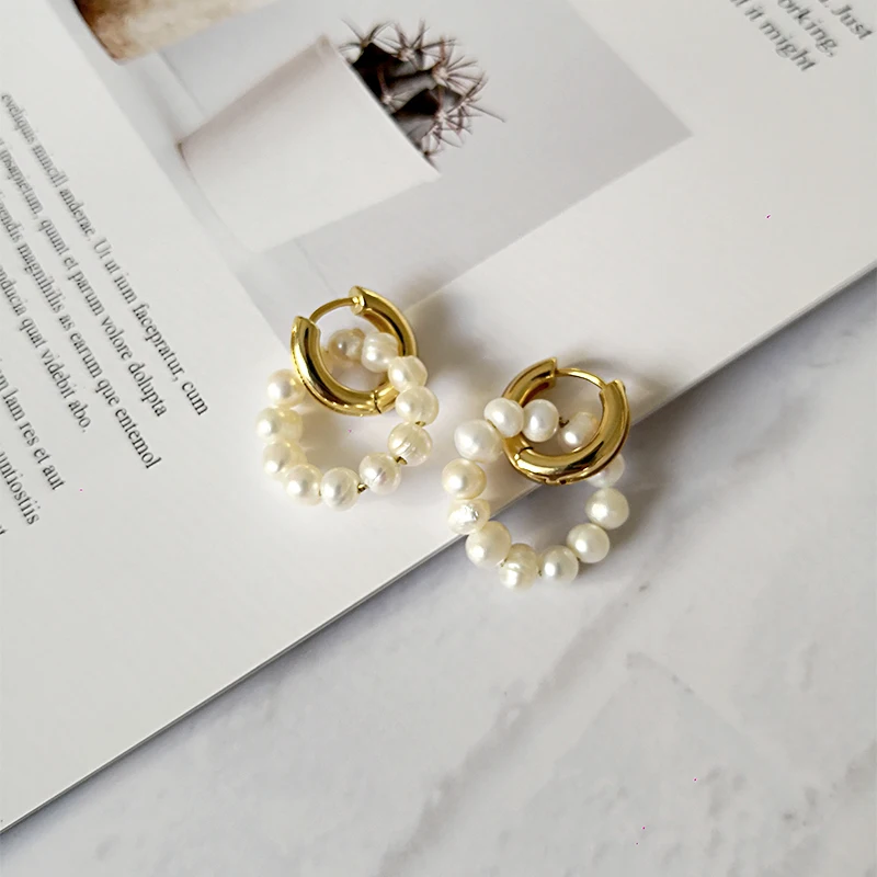 GHIDBK Baroque Freshwater Pearls Circle Hoop Earrings Handmade Gold Dainty Double Rings Earring Minimalist Natural Pearl Hoops