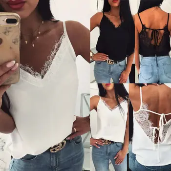 

Summer Women Sexy Lace Tank Tops Vest V Neck Blouse Female Casual Crop Camisole Patchwork Hollow Black Vest Solid Backless Vest