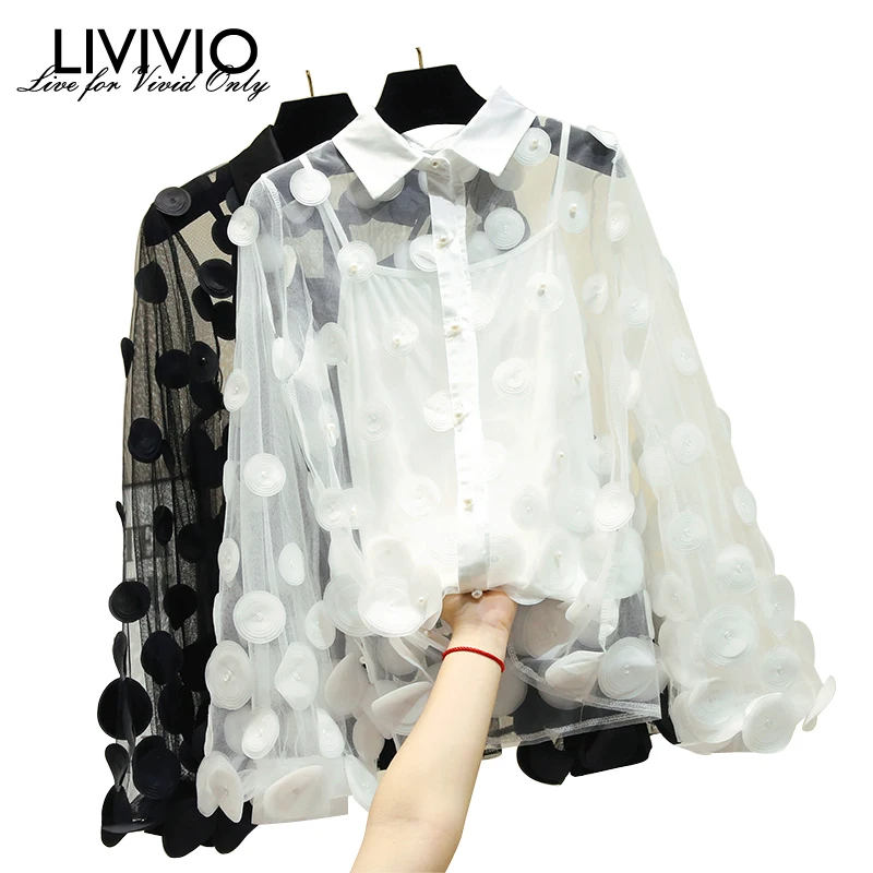  [LIVIVIO] Casual Turn Down Collar Mesh Blouse Shirt Sexy Flower Pearl Lantern Sleeve Feminine Blous