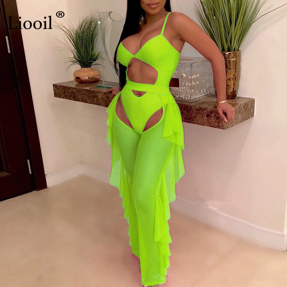 Liooil, сетчатый клубный комплект из двух предметов, женский,, сексуальный топ и штаны, v-образный вырез, неоновый зеленый, 2 предмета, с оборками, наряды, комплект размера плюс, подходящий комплект - Цвет: Зеленый