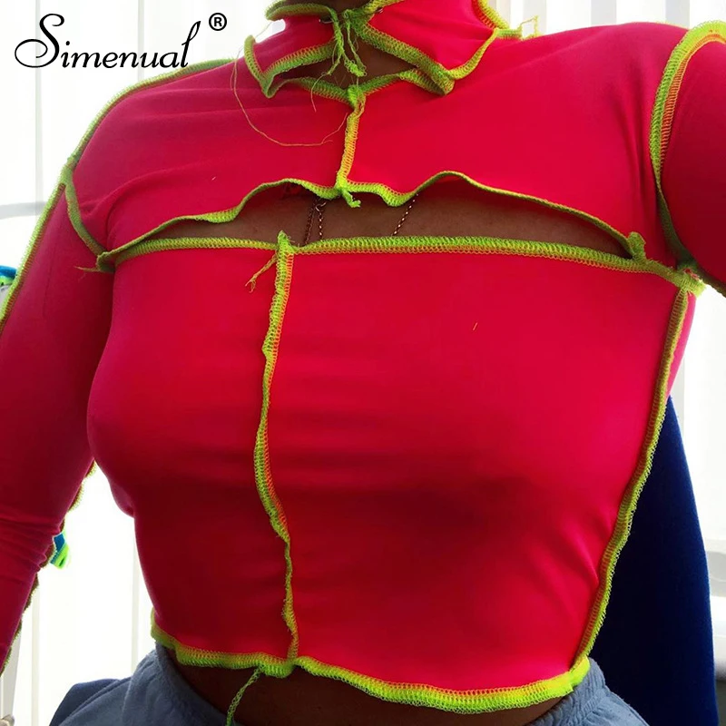 

Simenual Cut Out Patchwork Turtleneck Crop Tops Women Long Sleeve Fashion Autumn 2020 Tees Bodycon Skinny Party Club T Shirt Hot