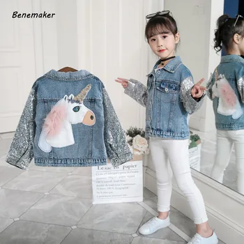 

Benemaker Baby Sequins Jeans For Girl Windbreaker Unicorn Jacket Children Clothing Kid Denim Coat Autumn Clothes Outerwear NA091