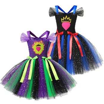 

Descendants 3 Evie Mal Cosplay Costumes Girls Shoulderless Sequined Tutu Handmade Bow Ball Gown Children Christmas Gift 2-12T