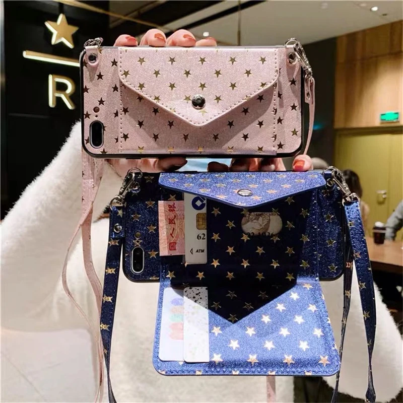 silicone case for huawei phone Crossbody Necklace Strap Luxury Star Wallet Case for Huawei Mate30 Mate20 Pro P20 P40 Pro P30 Lite Honor 20 Card Holder Cover huawei silicone case
